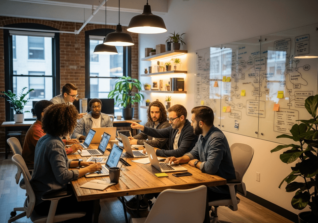 Professional web development team collaborating in a modern office